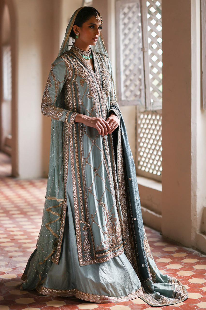 Stone Blue Embroidered Raw Silk Bridal Angrakha (3-Piece) - Image 3