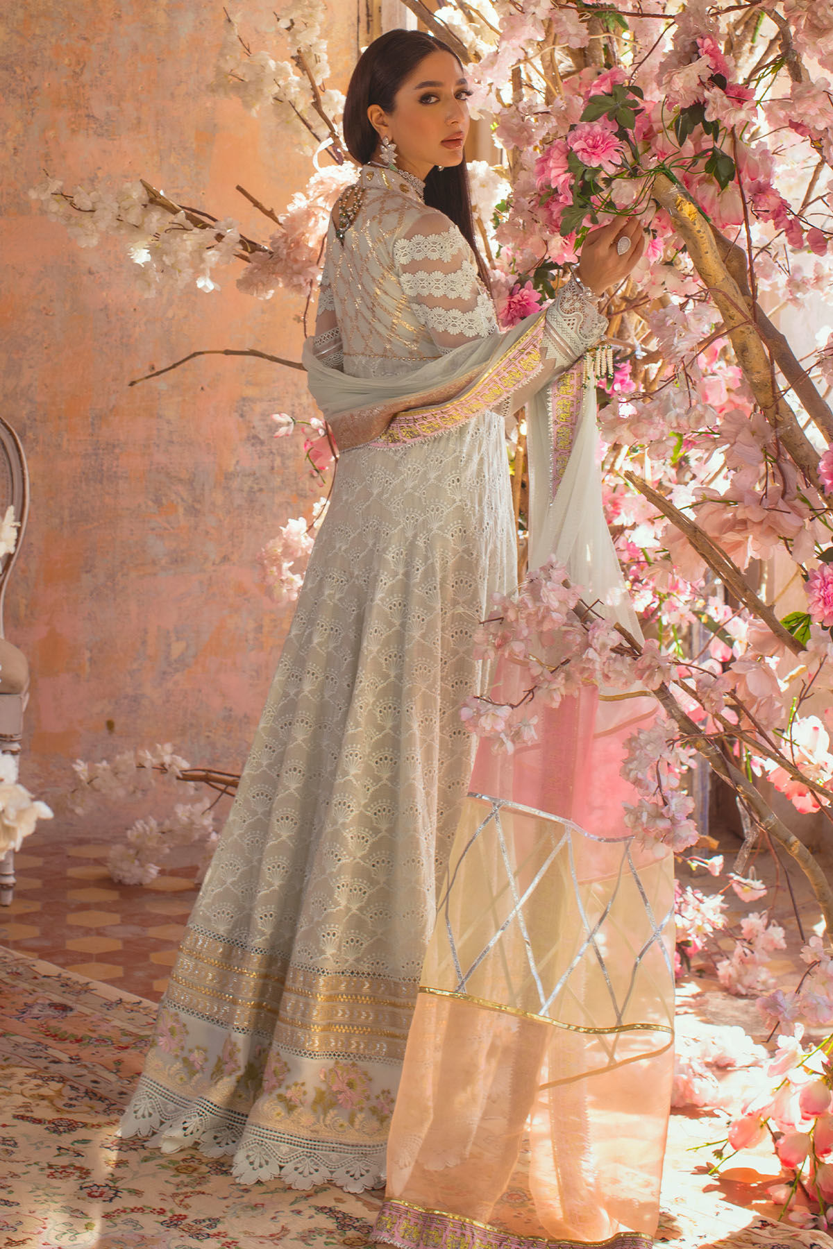 Pakistani Ice Blue Embroidered Schiffli Angrakha Kalidar (3-Piece) - Image 10