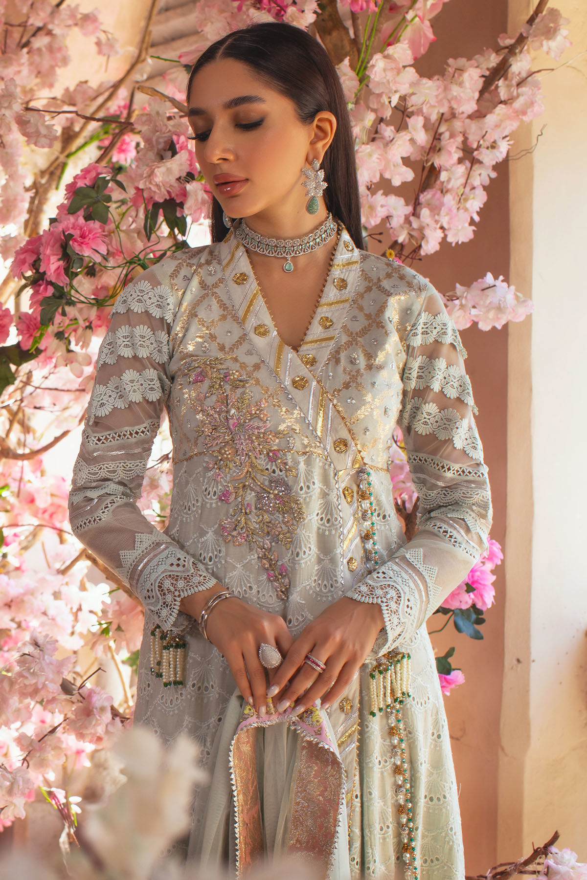 Pakistani Ice Blue Embroidered Schiffli Angrakha Kalidar (3-Piece) - Image 8
