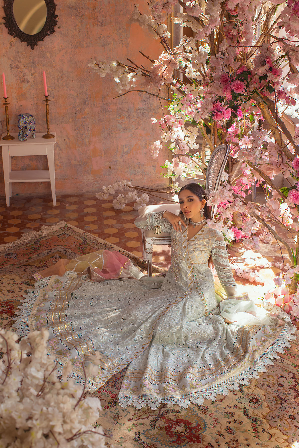 Pakistani Ice Blue Embroidered Schiffli Angrakha Kalidar (3-Piece) - Image 9