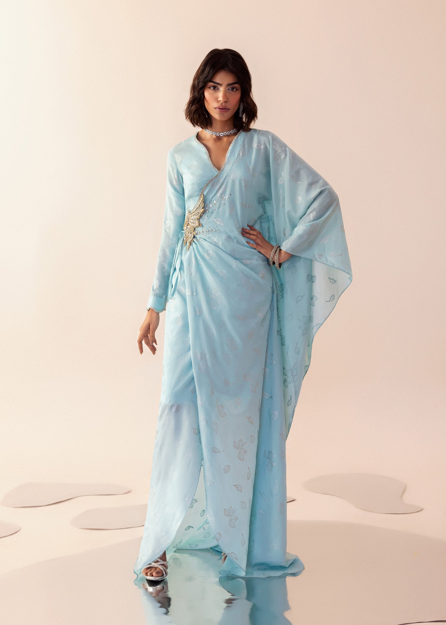 Pakistani Powder Blue Block-Printed Silk Angrakha (1-Pc) - Image 1