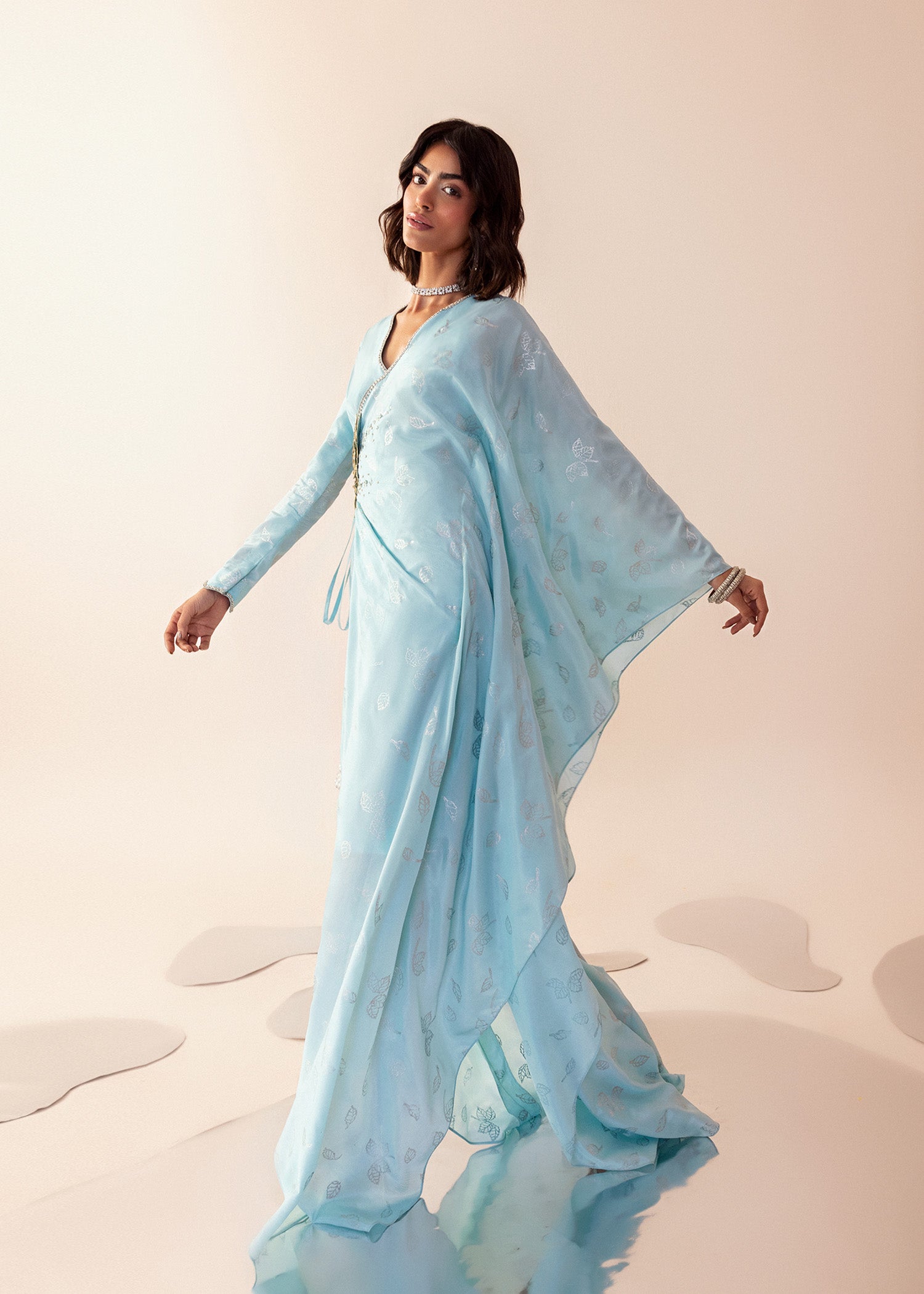 Pakistani Powder Blue Block-Printed Silk Angrakha (1-Pc) - Image 3
