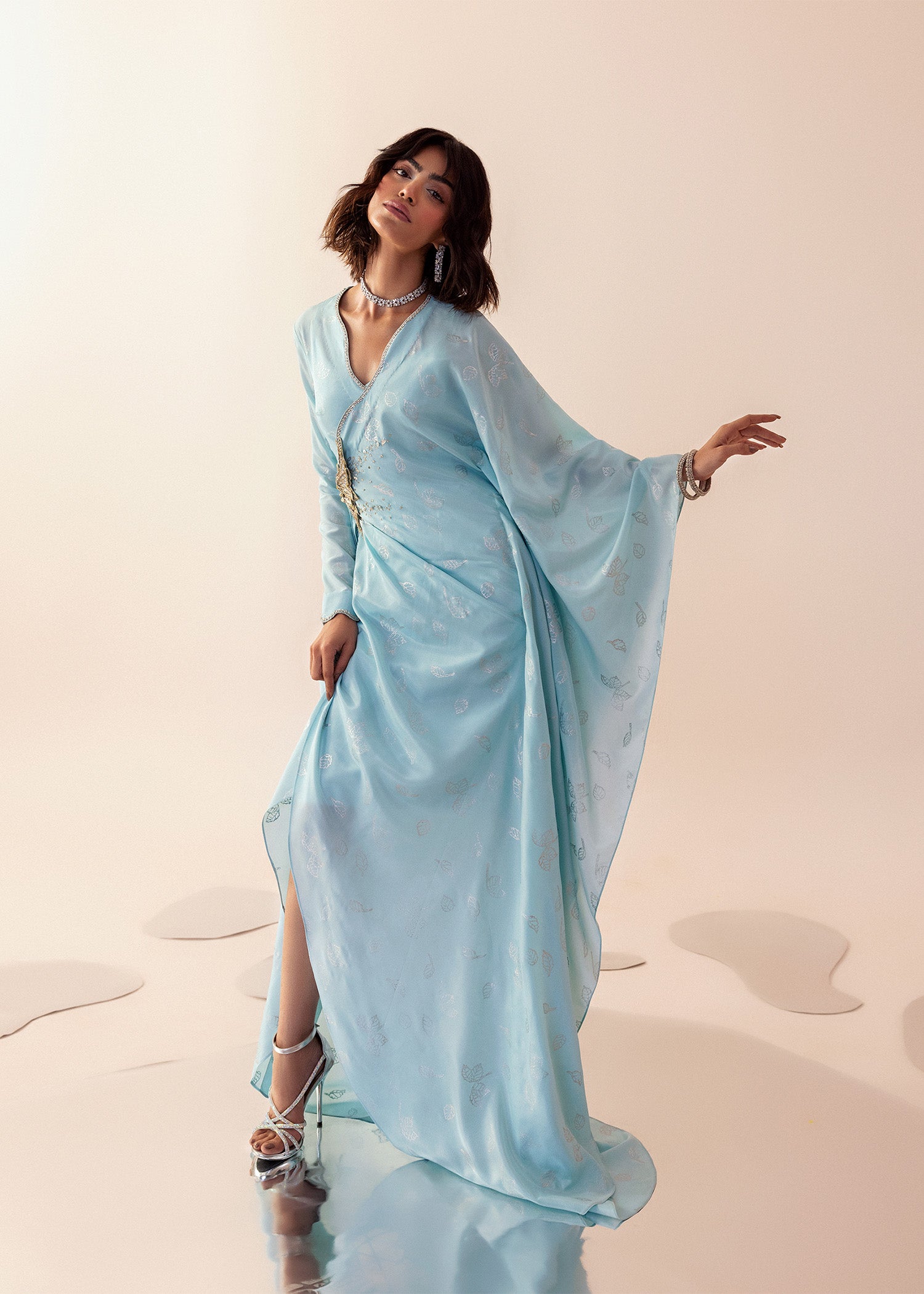 Pakistani Powder Blue Block-Printed Silk Angrakha (1-Pc) - Image 4