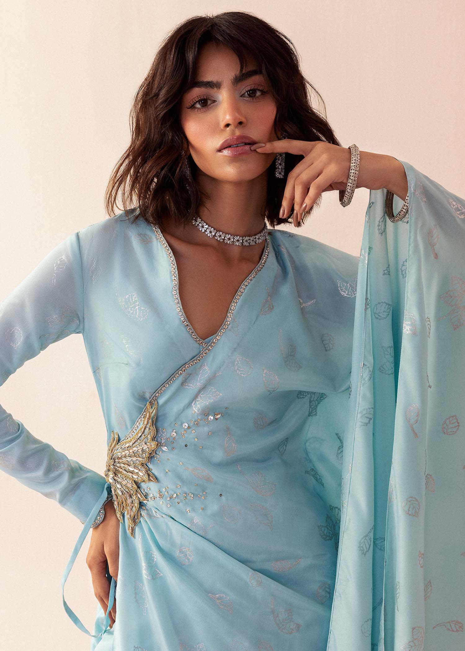 Pakistani Powder Blue Block-Printed Silk Angrakha (1-Pc) - Image 5