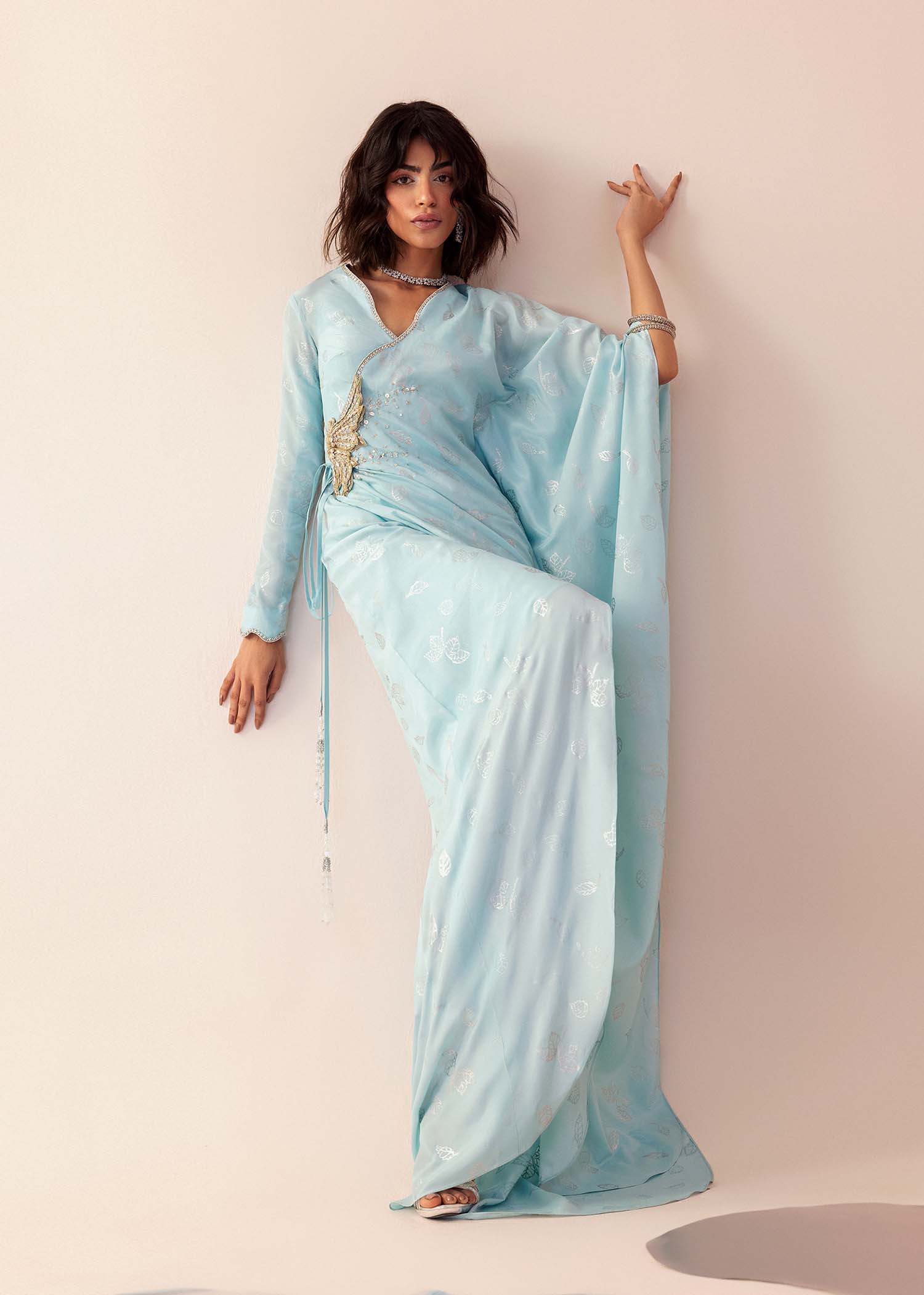 Pakistani Powder Blue Block-Printed Silk Angrakha (1-Pc) - Image 6