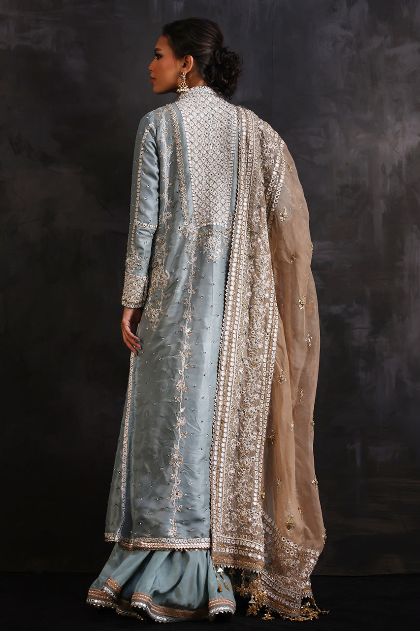 English Blue Embroidered Pure Silk Choga (3-Piece) - Image 2