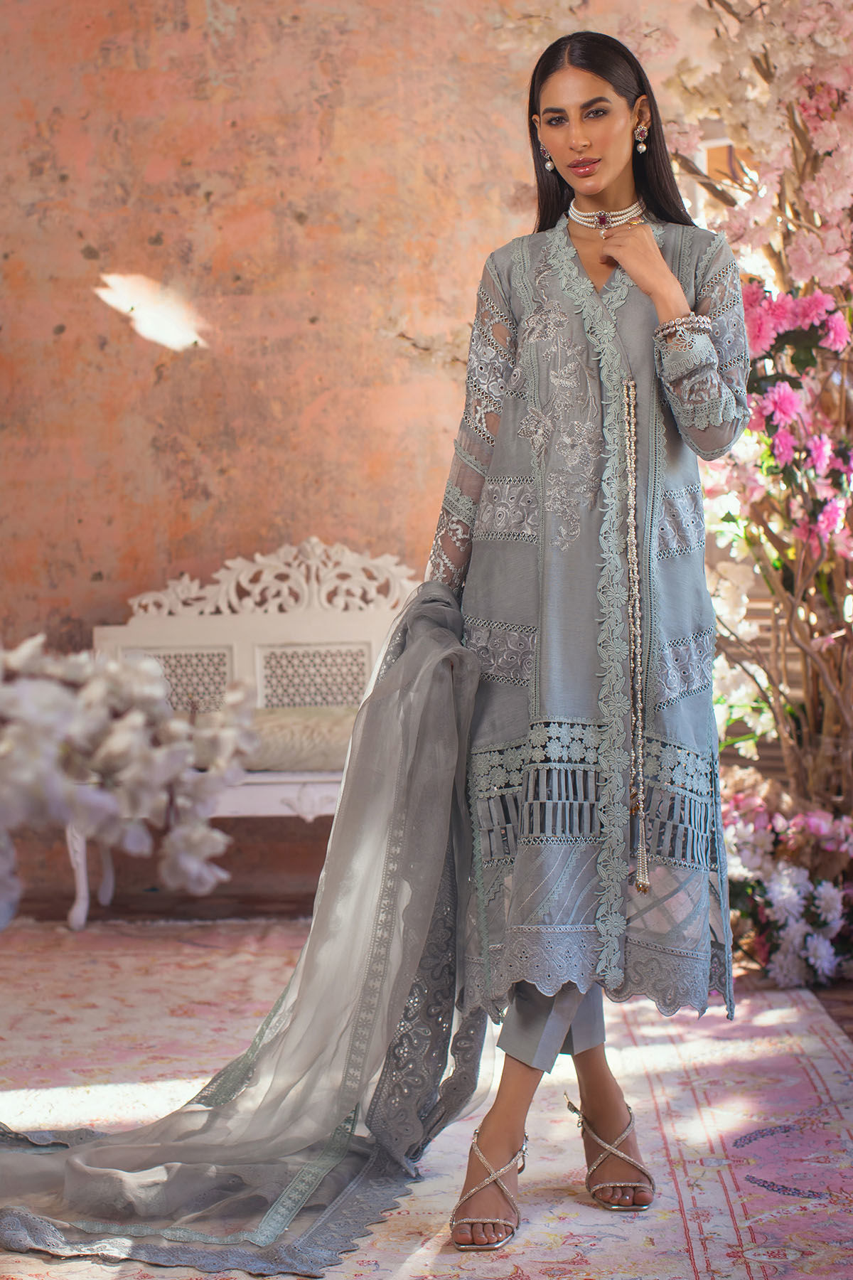 Pakistani Mineral Blue Embroidered Silk Net Angharka (3-Piece) - Image 1