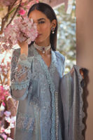 Pakistani Mineral Blue Embroidered Silk Net Angharka (3-Piece) - Image 4