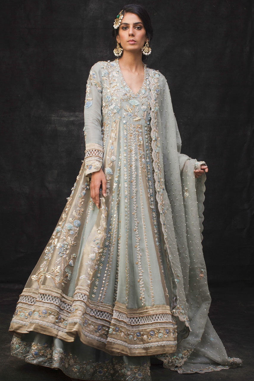 Indian Old Blue Zardozi Silk Organza Angrakha Kalidar (3-Piece) - Image 1