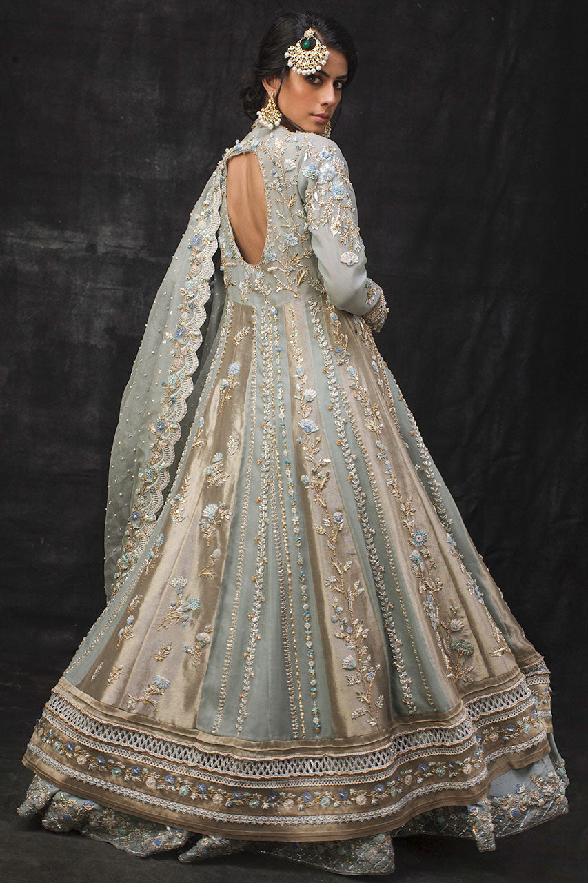 Indian Old Blue Zardozi Silk Organza Angrakha Kalidar (3-Piece) - Image 3