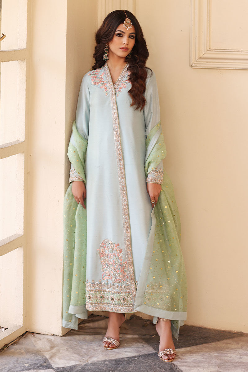 Pakistani Chalk Blue Resham Embroidered Silk Angrakha (3-Piece) - Image 1