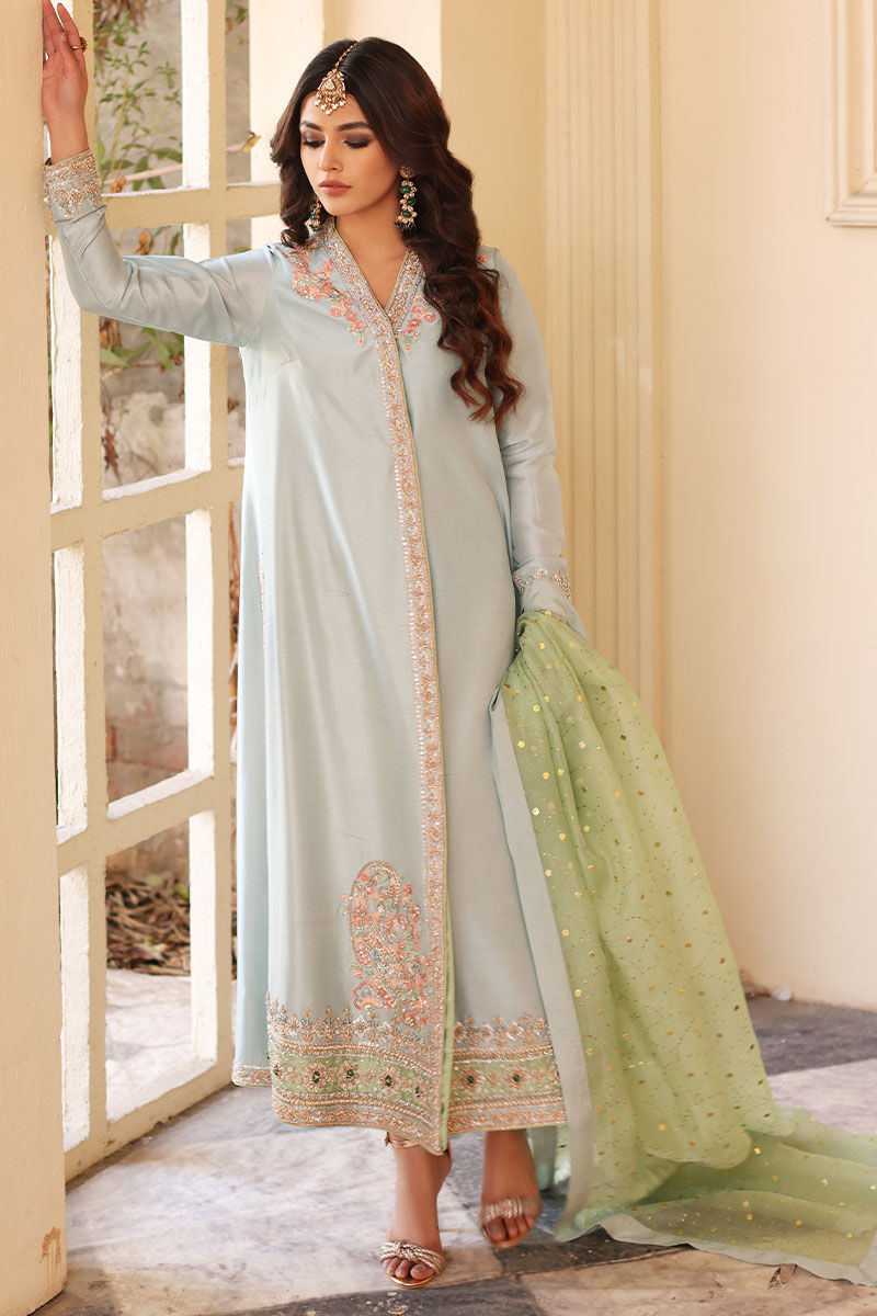 Pakistani Chalk Blue Resham Embroidered Silk Angrakha (3-Piece) - Image 2