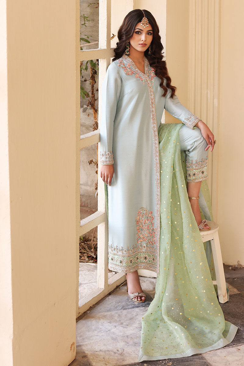 Pakistani Chalk Blue Resham Embroidered Silk Angrakha (3-Piece) - Image 3