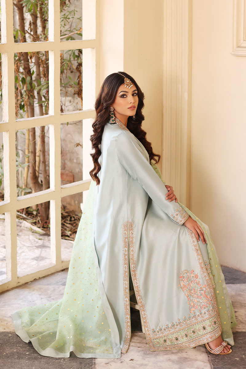 Pakistani Chalk Blue Resham Embroidered Silk Angrakha (3-Piece) - Image 5