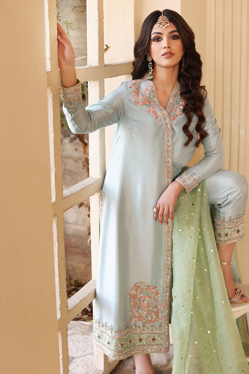Pakistani Chalk Blue Resham Embroidered Silk Angrakha (3-Piece) - Image 6