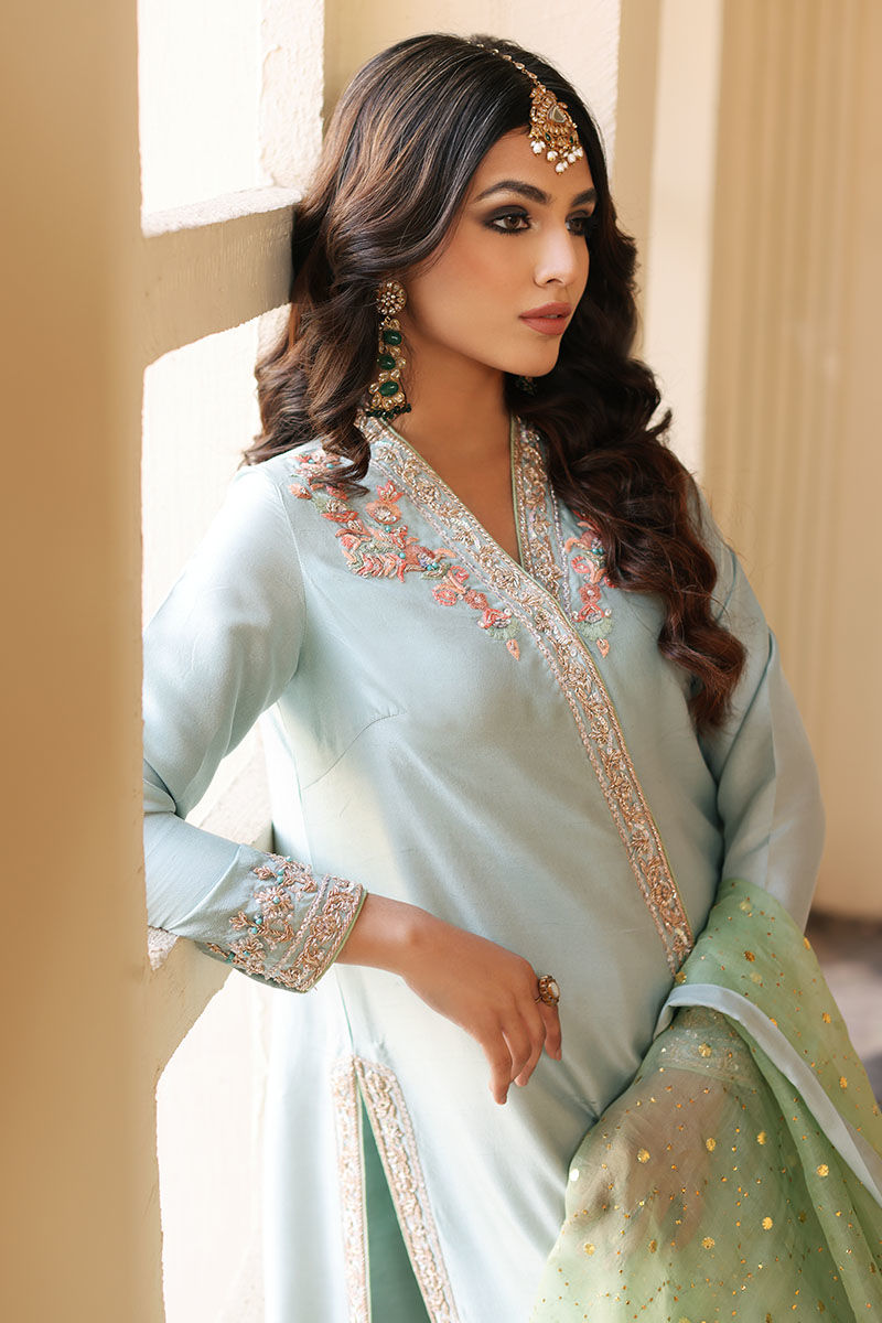Pakistani Chalk Blue Resham Embroidered Silk Angrakha (3-Piece) - Image 7