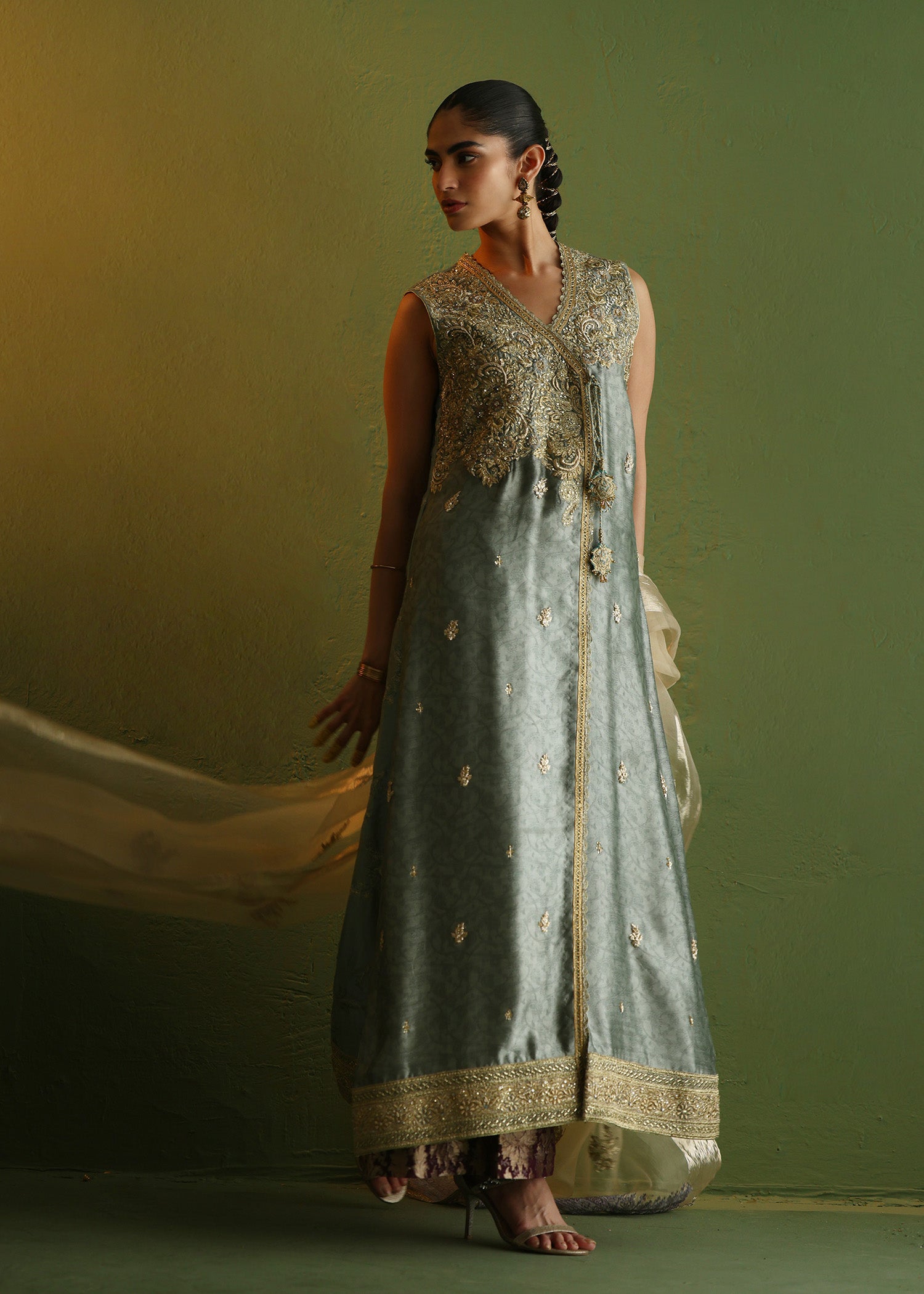 Pakistani Slate Blue Zardozi Silk Angrakha (3-Piece) - Image 1