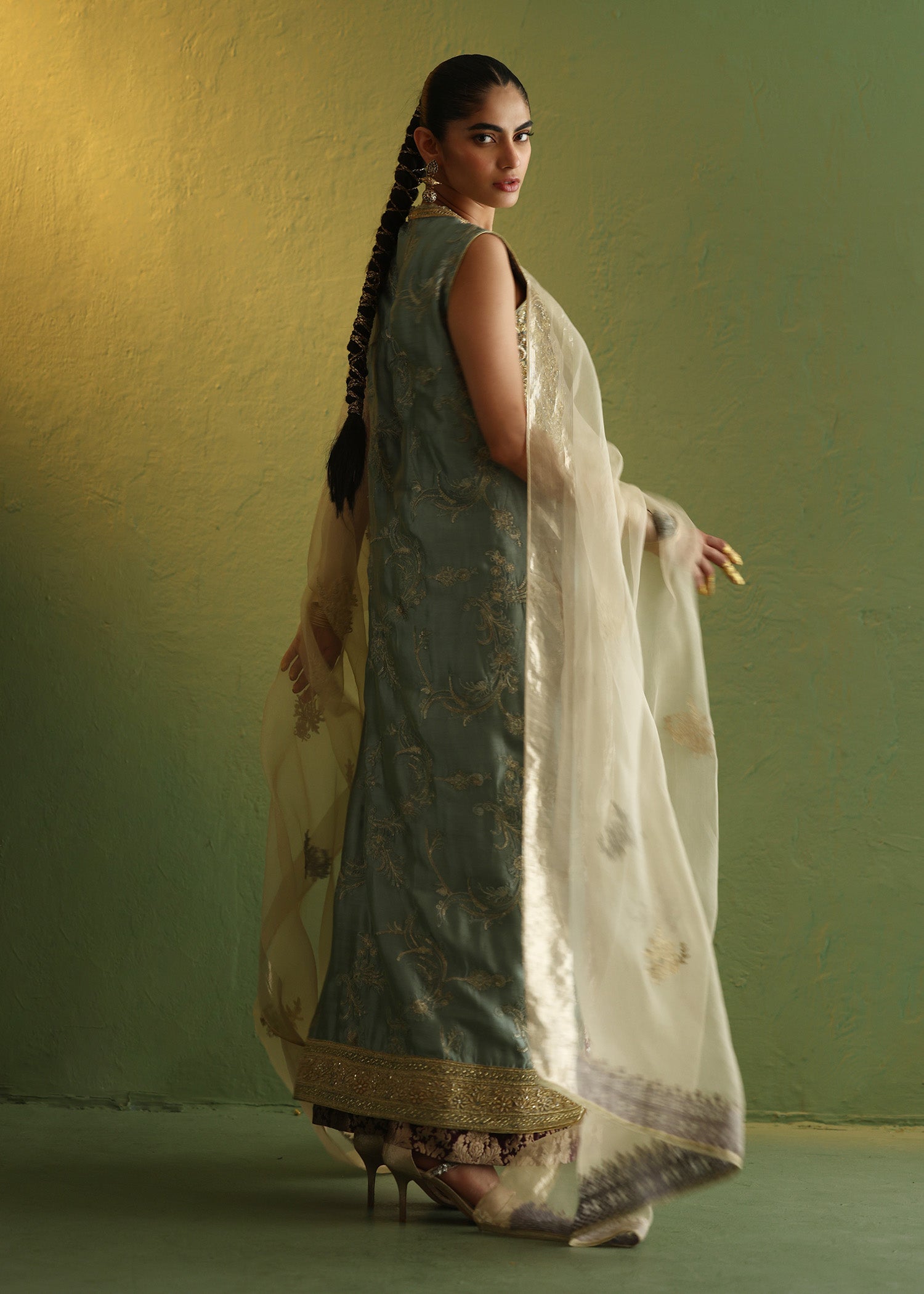 Pakistani Slate Blue Zardozi Silk Angrakha (3-Piece) - Image 2