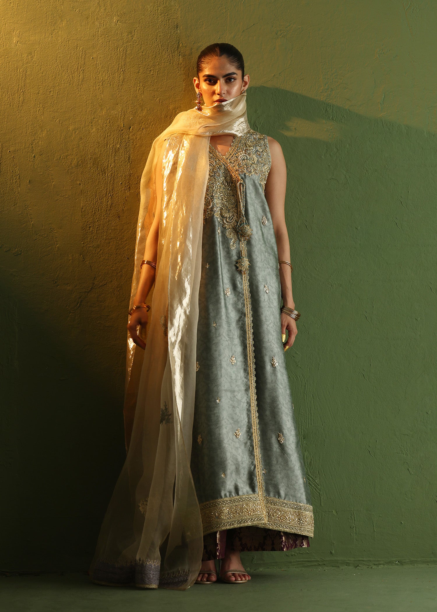 Pakistani Slate Blue Zardozi Silk Angrakha (3-Piece) - Image 3