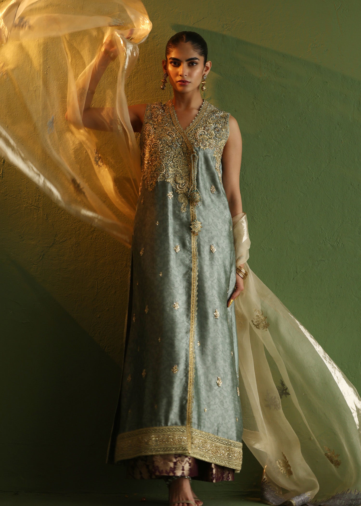 Pakistani Slate Blue Zardozi Silk Angrakha (3-Piece) - Image 4