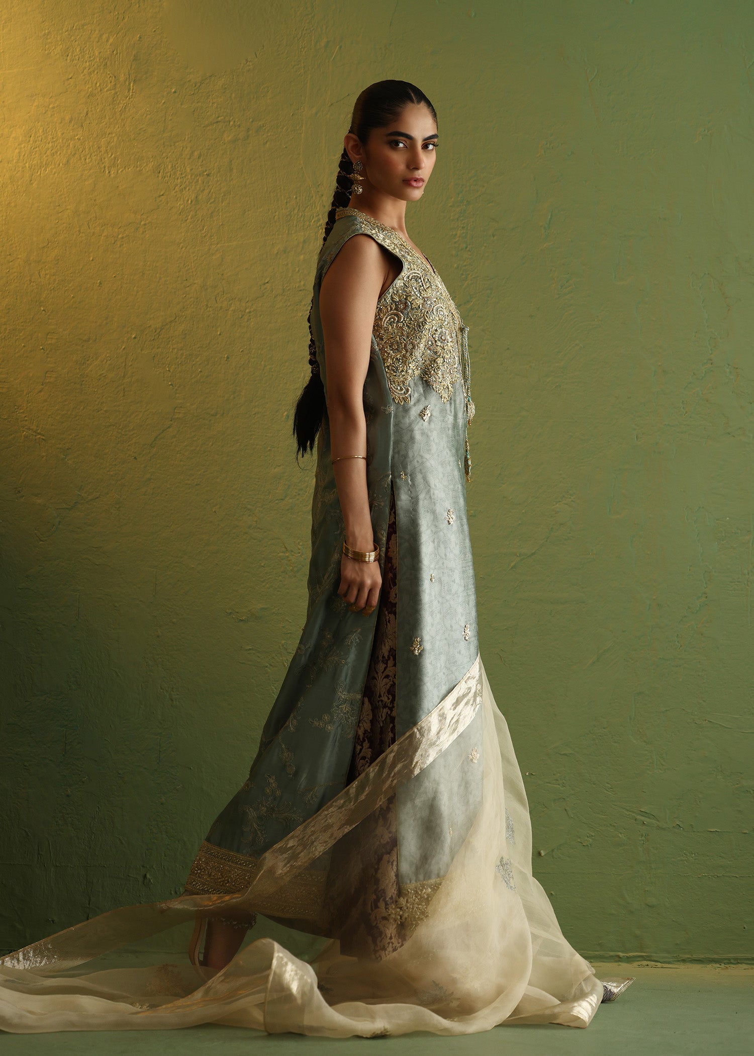 Pakistani Slate Blue Zardozi Silk Angrakha (3-Piece) - Image 6