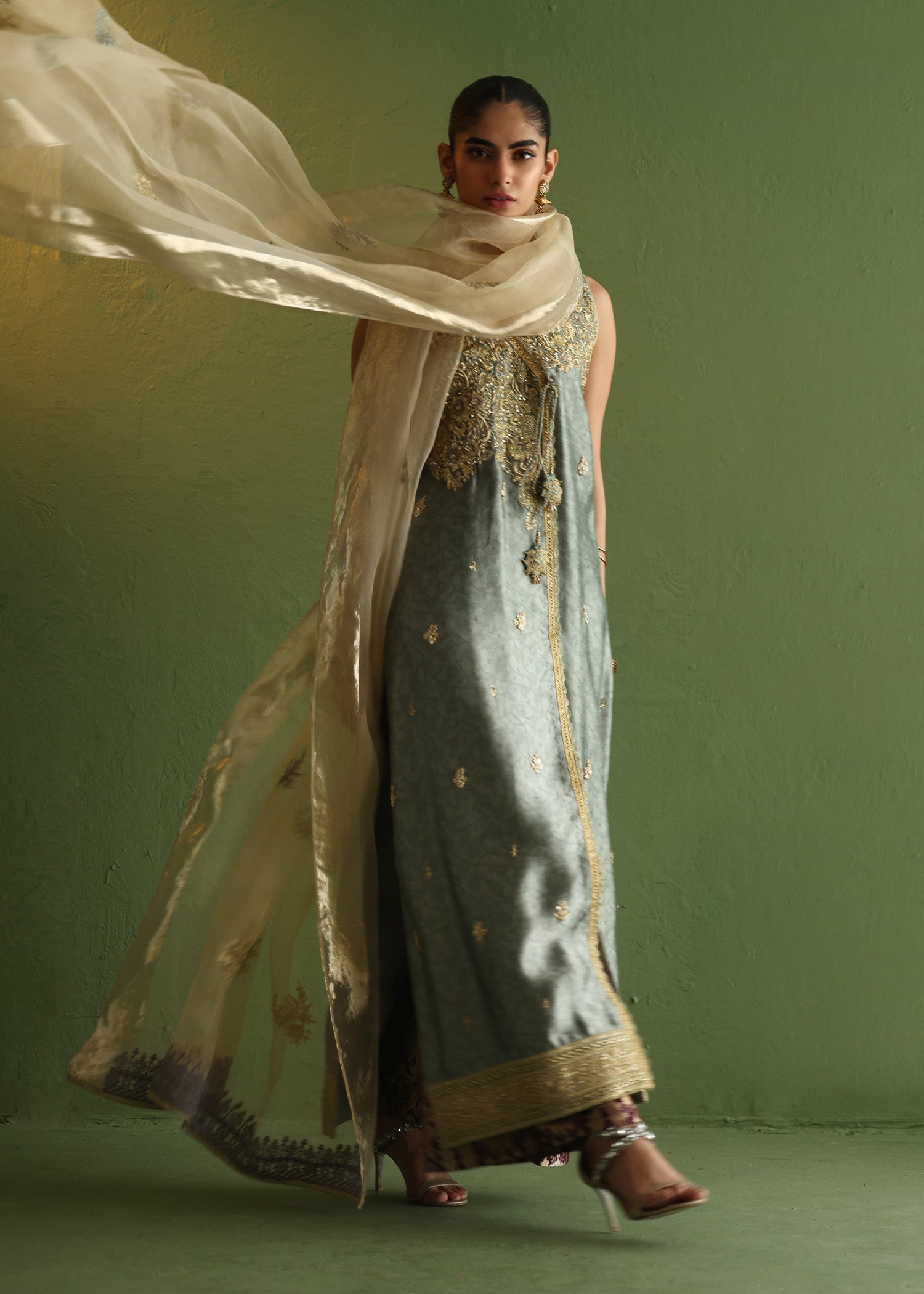 Pakistani Slate Blue Zardozi Silk Angrakha (3-Piece) - Image 7