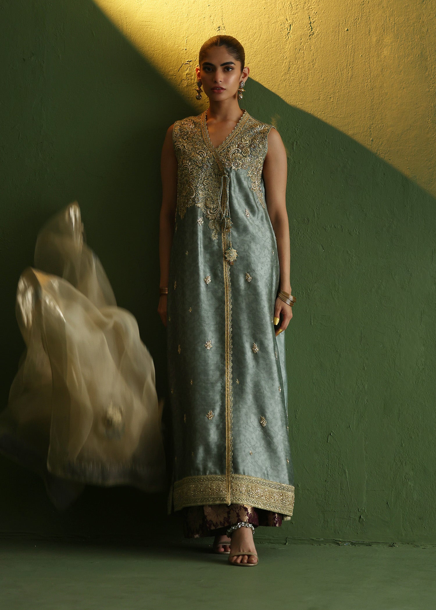 Pakistani Slate Blue Zardozi Silk Angrakha (3-Piece) - Image 8