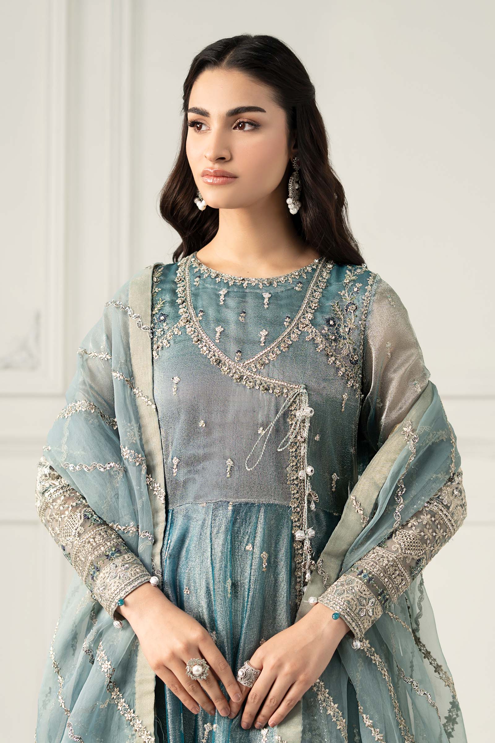 Ice Blue Embroidered Zari Net Angrakha (3-Piece) - Image 3