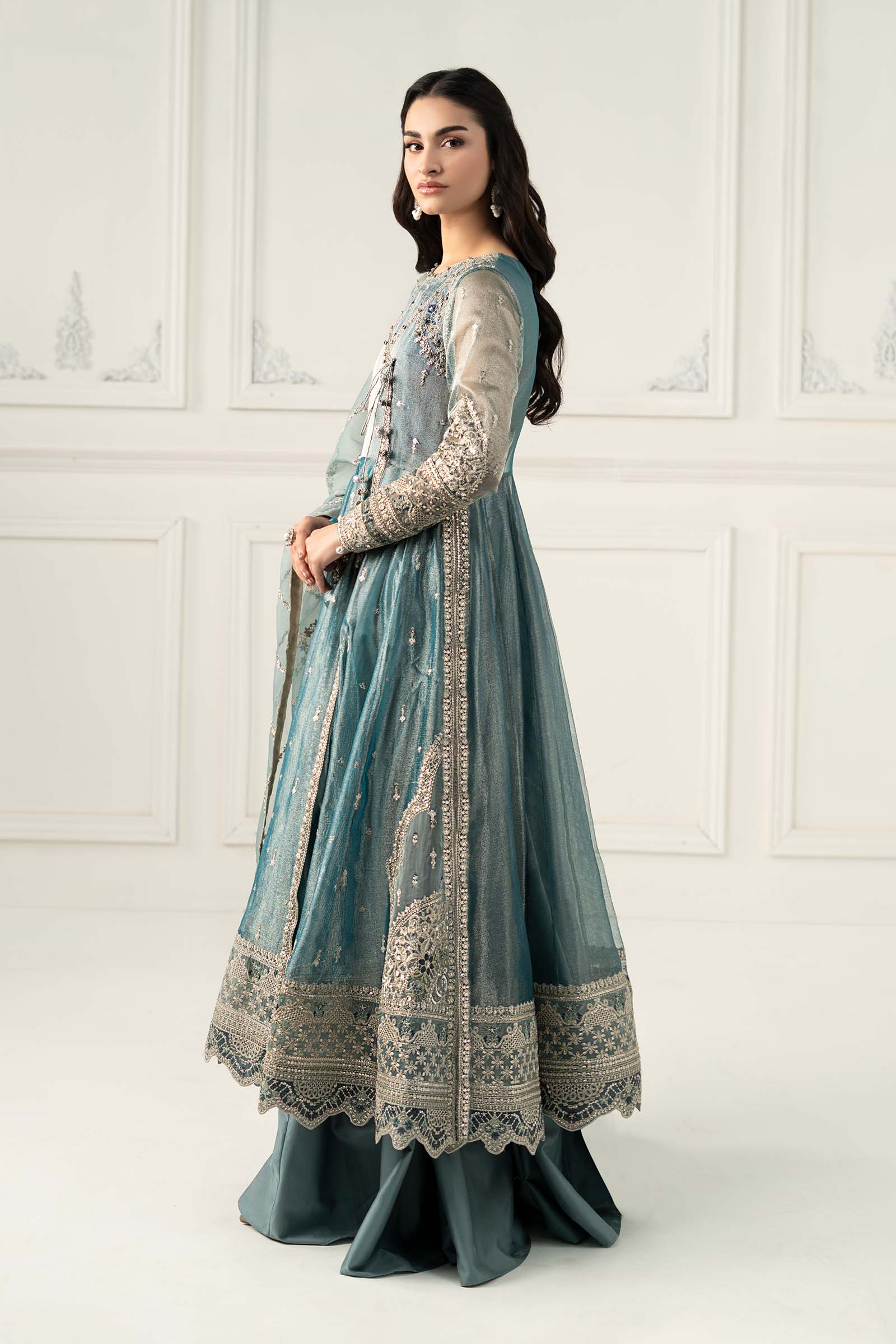 Ice Blue Embroidered Zari Net Angrakha (3-Piece) - Image 4