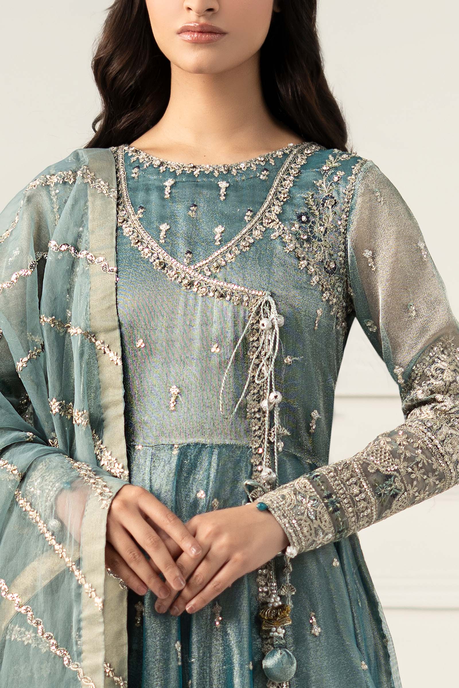 Ice Blue Embroidered Zari Net Angrakha (3-Piece) - Image 5