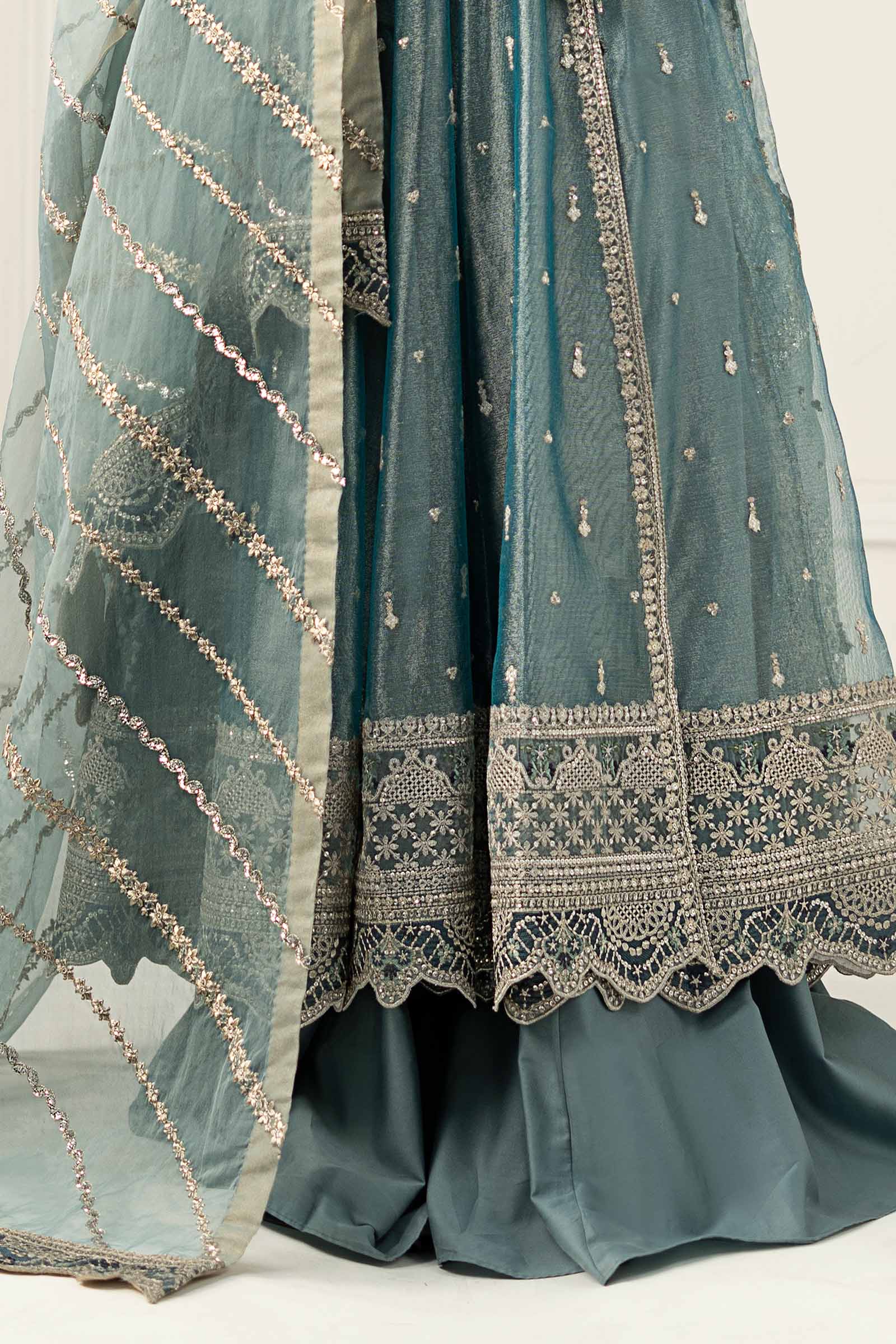 Ice Blue Embroidered Zari Net Angrakha (3-Piece) - Image 6