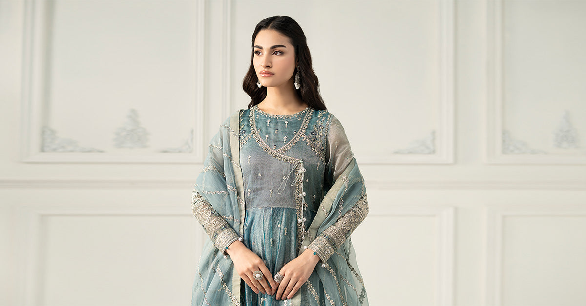 Ice Blue Embroidered Zari Net Angrakha (3-Piece) - Image 8