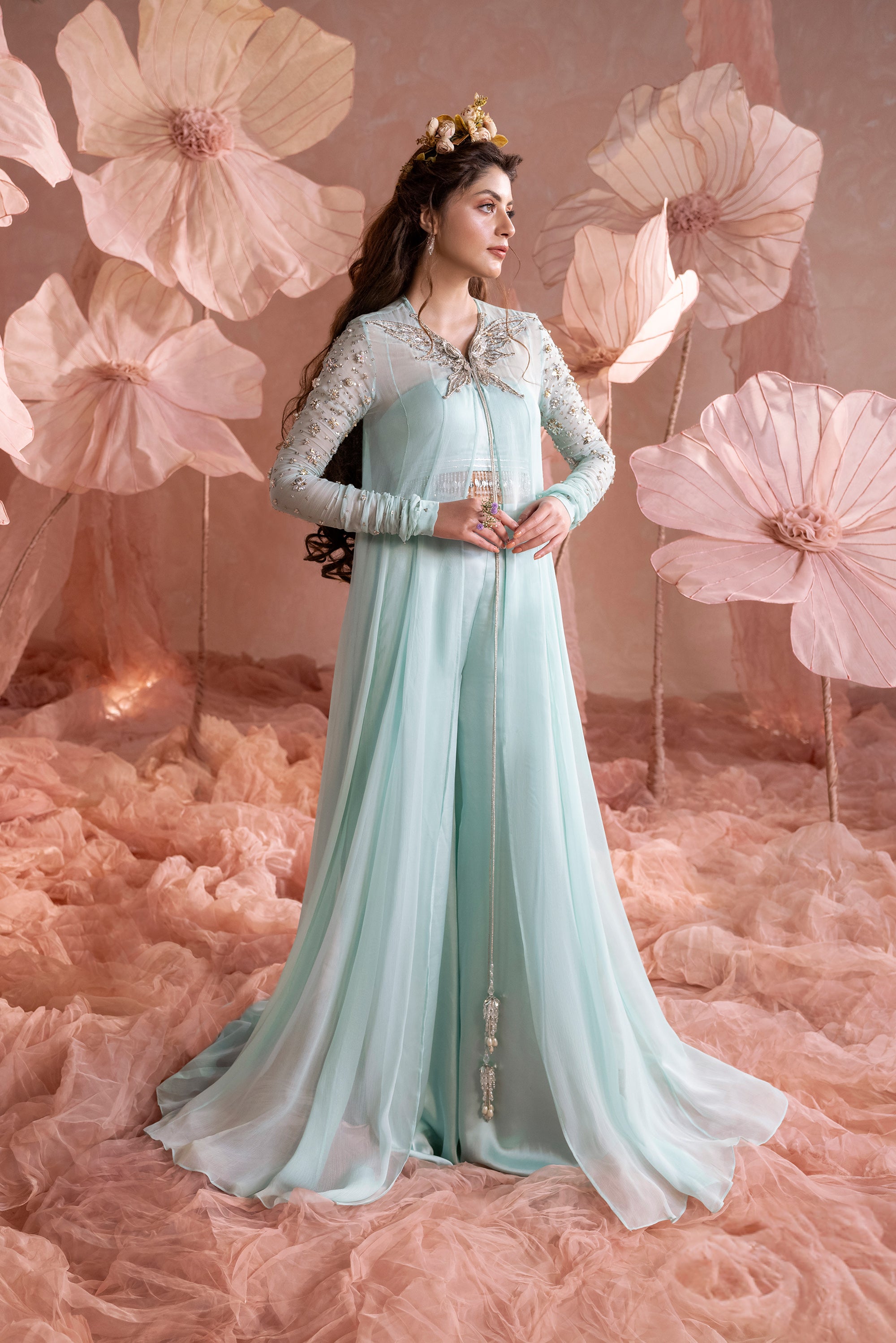 Pakistani Aqua Blue Zardozi Chiffon Floor-Length Jacket (3-Piece) - Image 1
