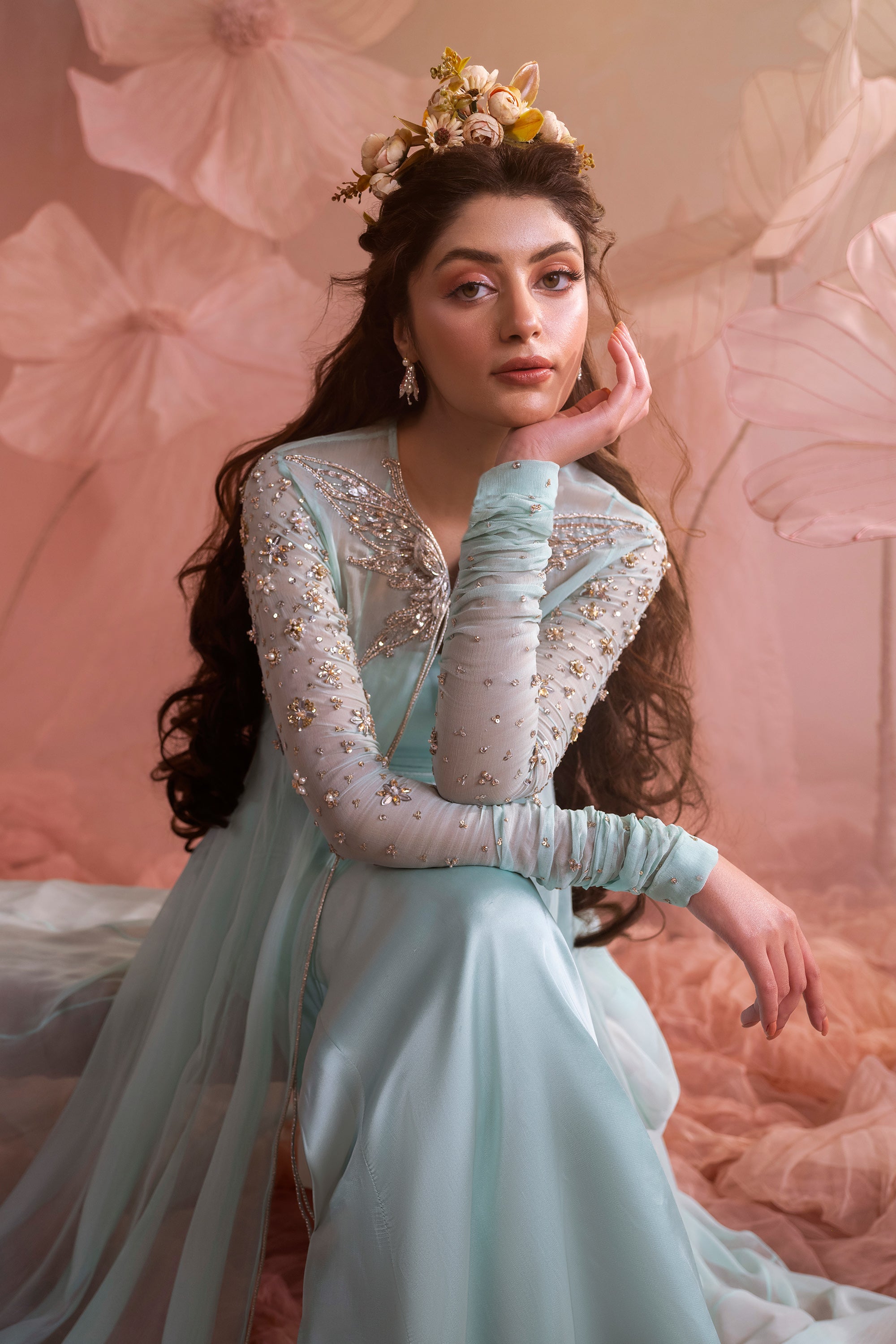 Pakistani Aqua Blue Zardozi Chiffon Floor-Length Jacket (3-Piece) - Image 2