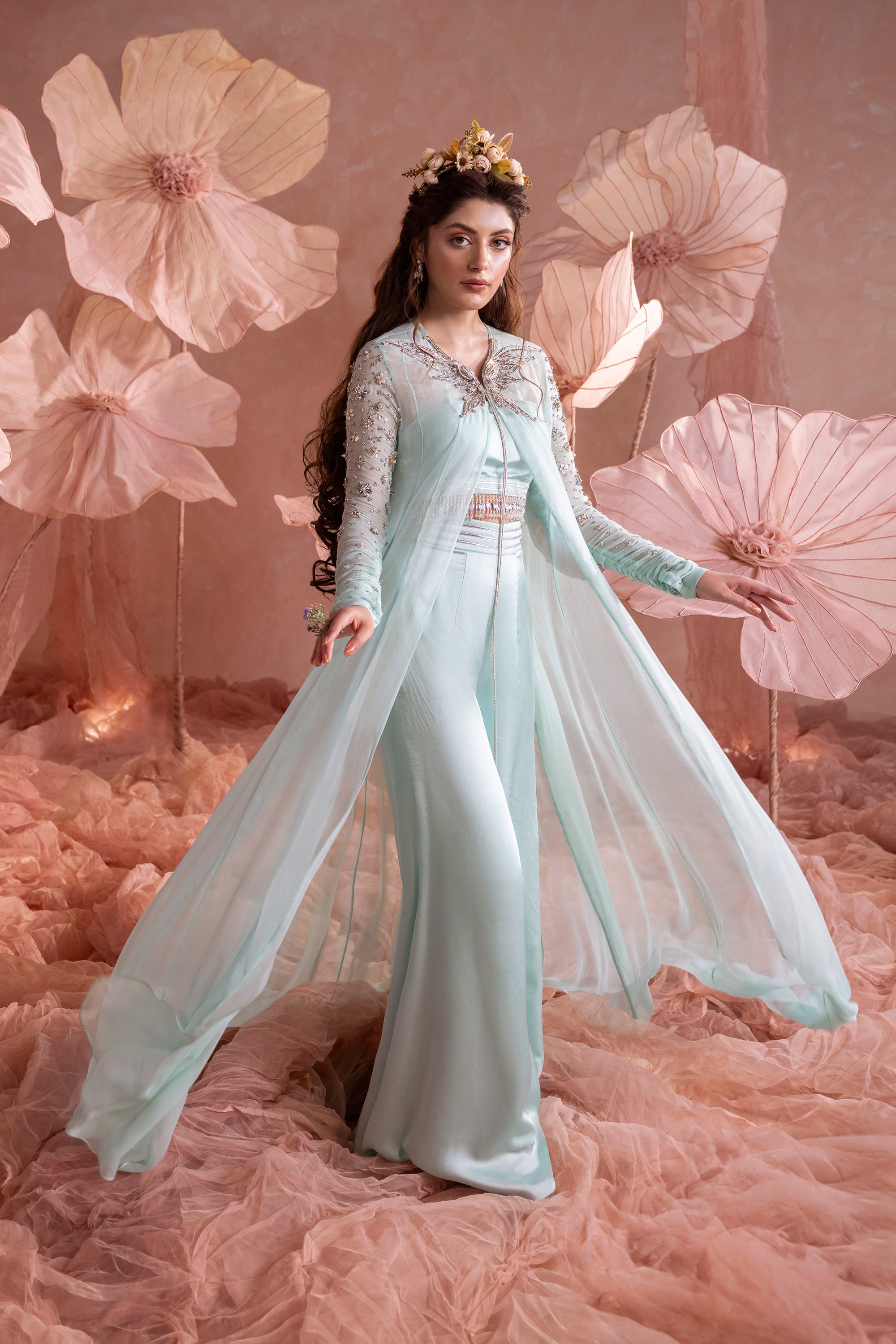 Pakistani Aqua Blue Zardozi Chiffon Floor-Length Jacket (3-Piece) - Image 3
