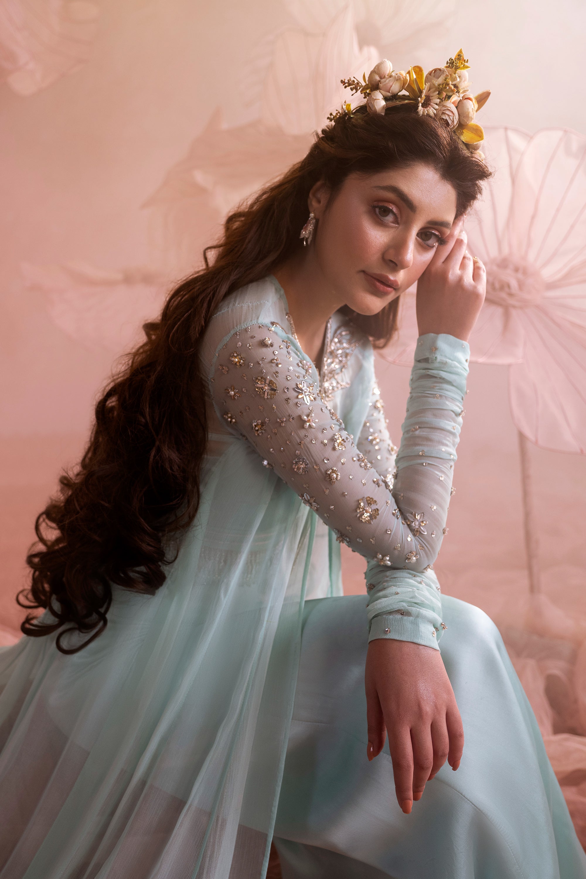 Pakistani Aqua Blue Zardozi Chiffon Floor-Length Jacket (3-Piece) - Image 4