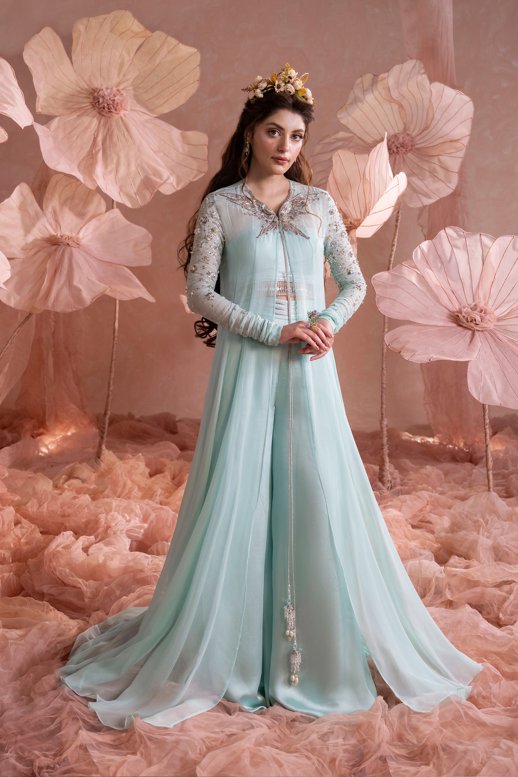 Pakistani Aqua Blue Zardozi Chiffon Floor-Length Jacket (3-Piece) - Image 5