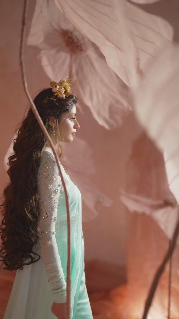 Pakistani Aqua Blue Zardozi Chiffon Floor-Length Jacket (3-Piece) - Image 6