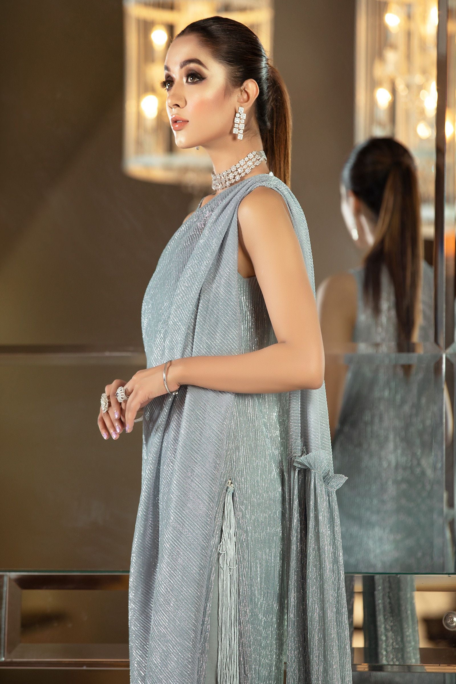 Ice Blue Crinkle Shimmer Cape Dress (2-Piece) - Image 6