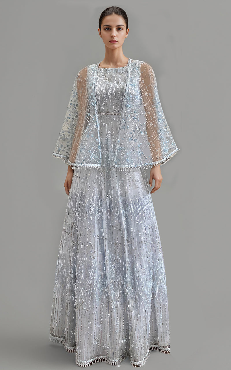 Pakistani Ice Blue Embroidered Net Cape Dress (2-Piece) - Image 1