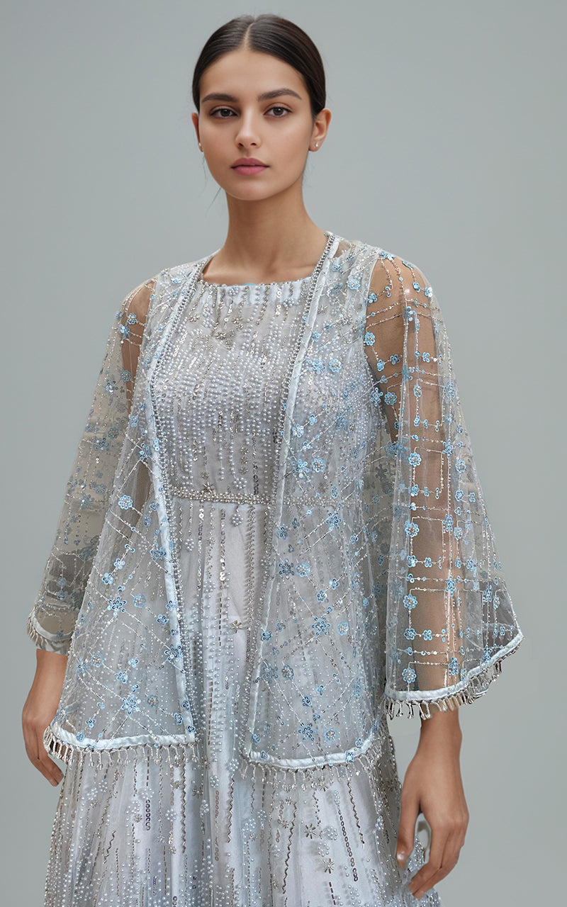 Pakistani Ice Blue Embroidered Net Cape Dress (2-Piece) - Image 2