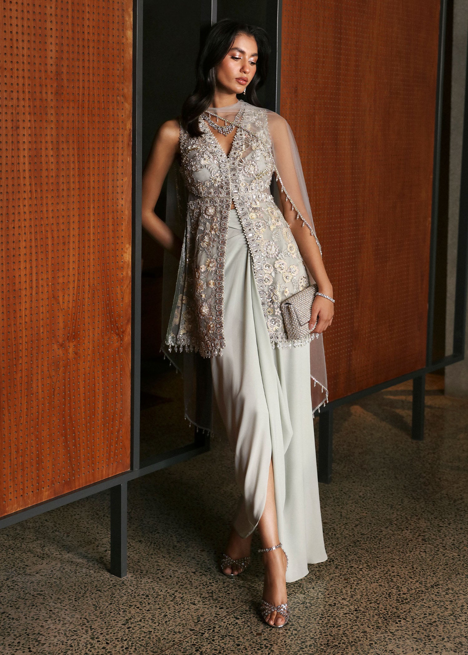 Pakistani Powder Blue Hand-Embellished Net & Georgette Cape Dress (3-Piece) - Image 5