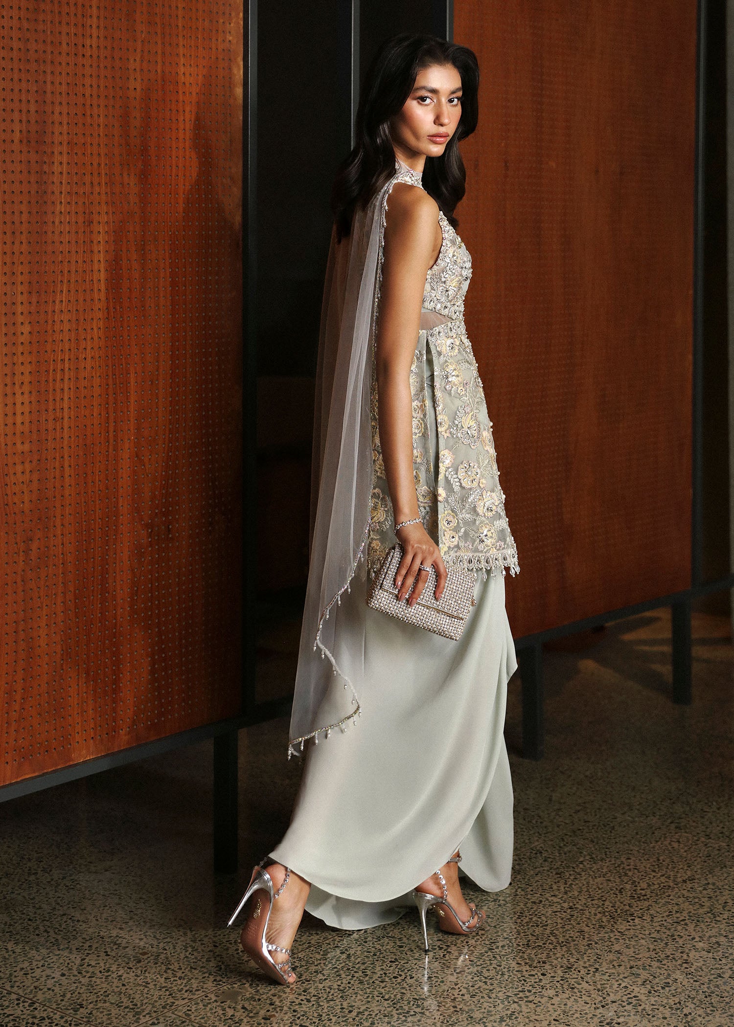 Pakistani Powder Blue Hand-Embellished Net & Georgette Cape Dress (3-Piece) - Image 6