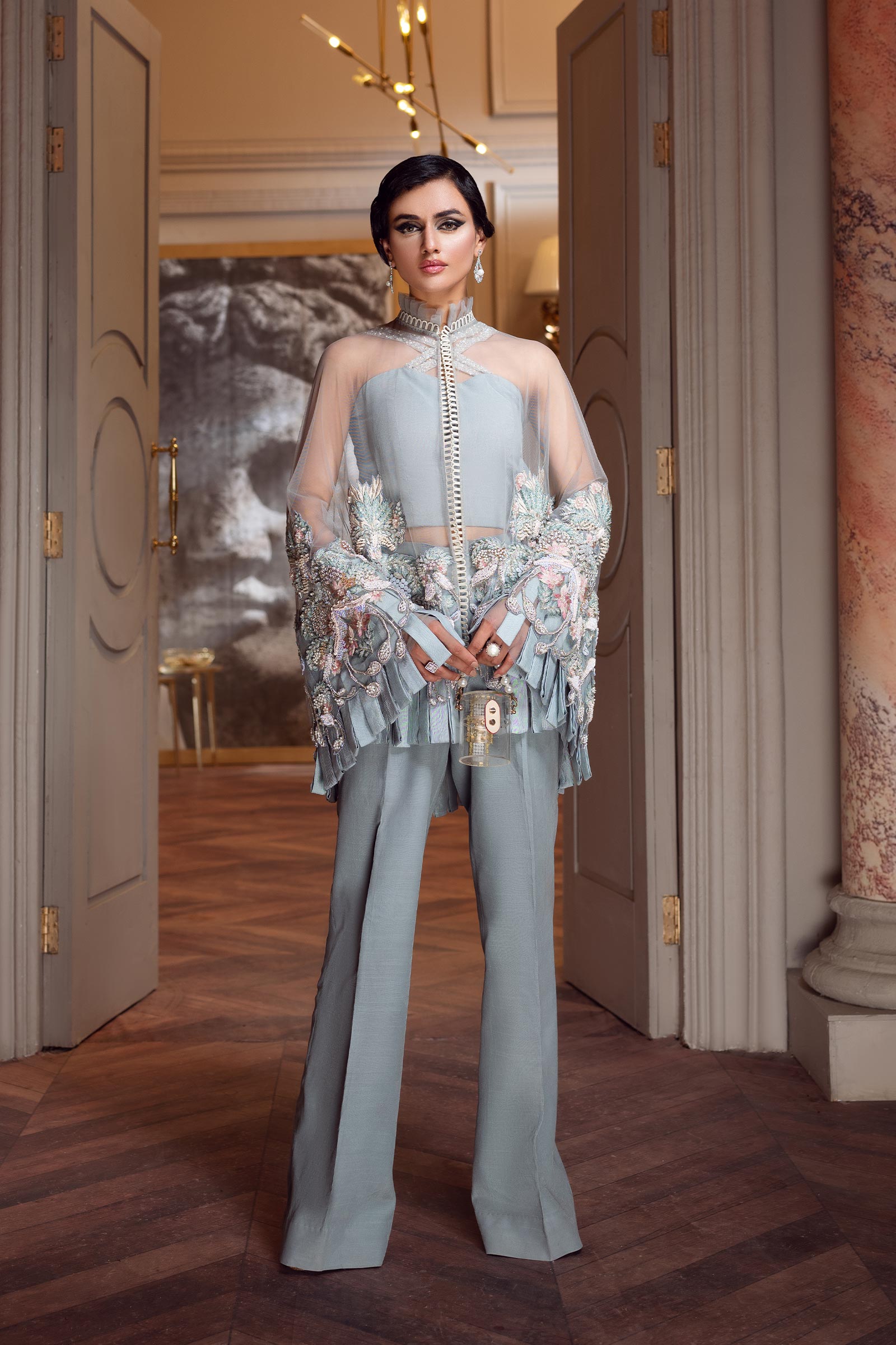 Pakistani Powder Blue Embroidered Net Cape Dress (3-Piece) - Image 1