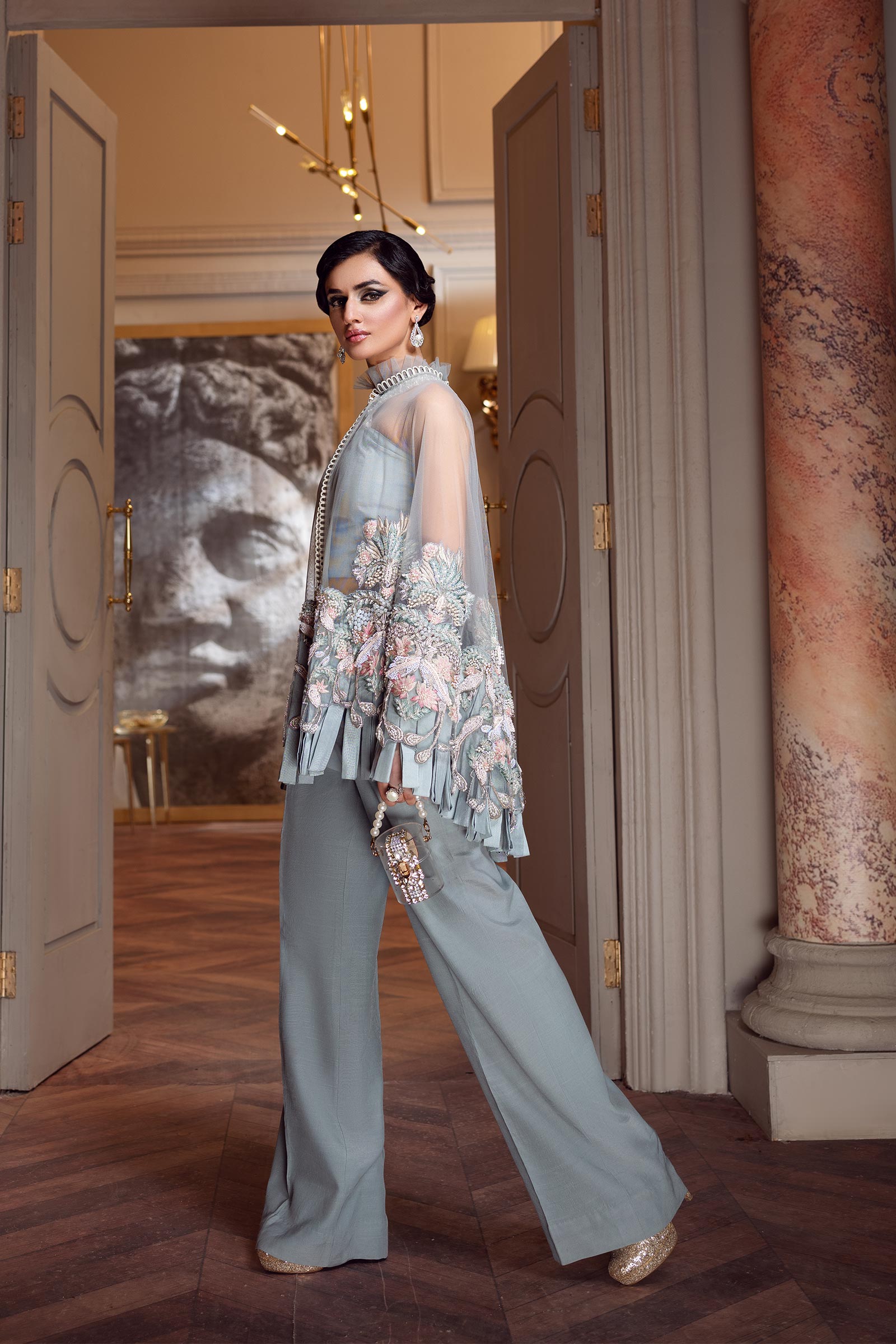 Pakistani Powder Blue Embroidered Net Cape Dress (3-Piece) - Image 2