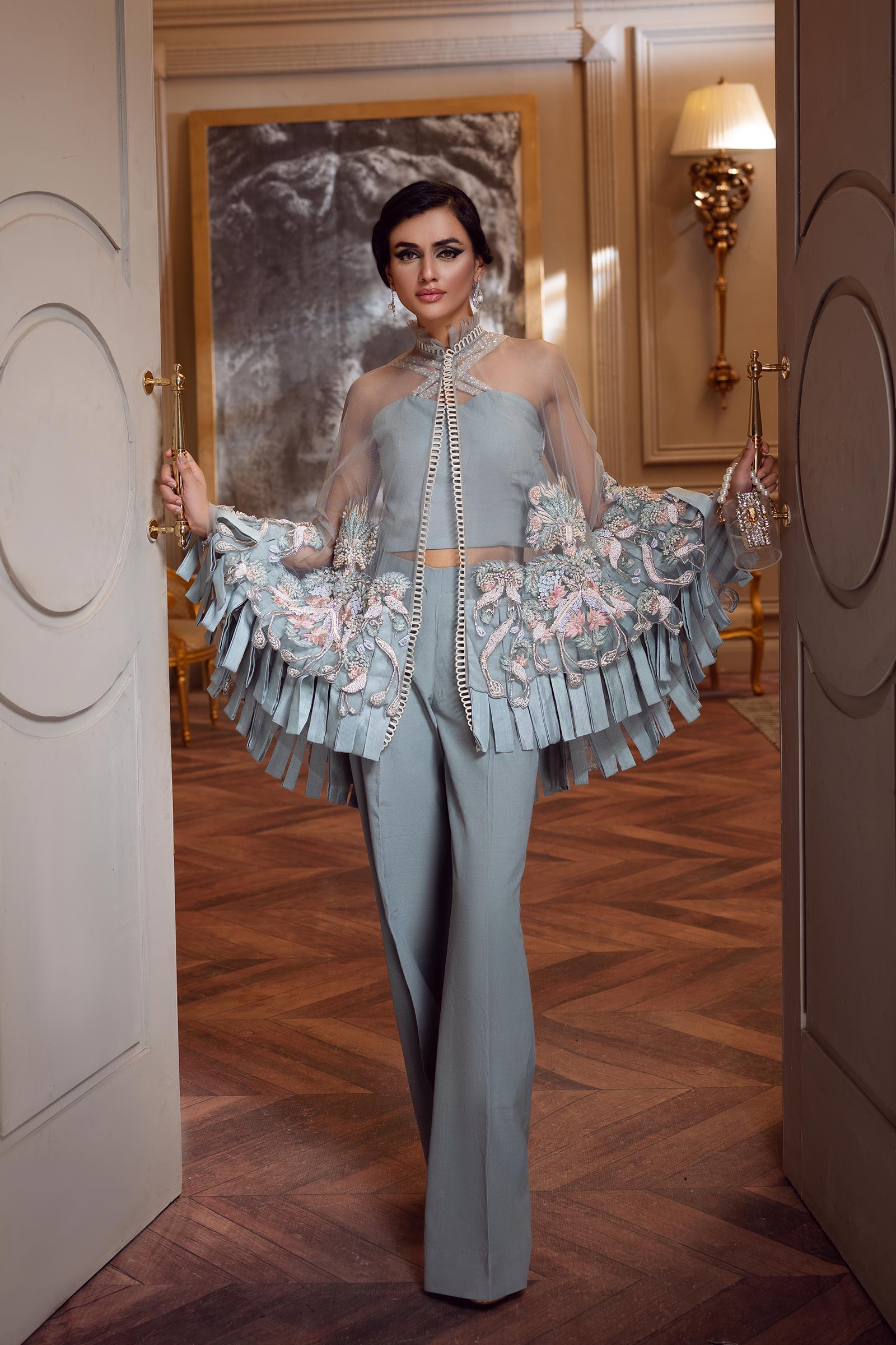 Pakistani Powder Blue Embroidered Net Cape Dress (3-Piece) - Image 3