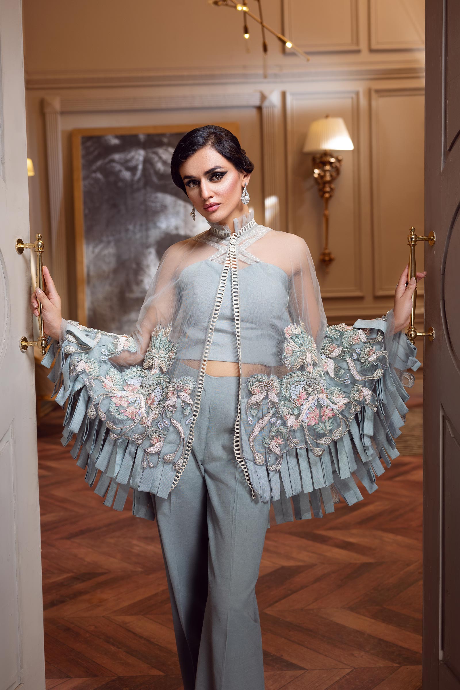 Pakistani Powder Blue Embroidered Net Cape Dress (3-Piece) - Image 4