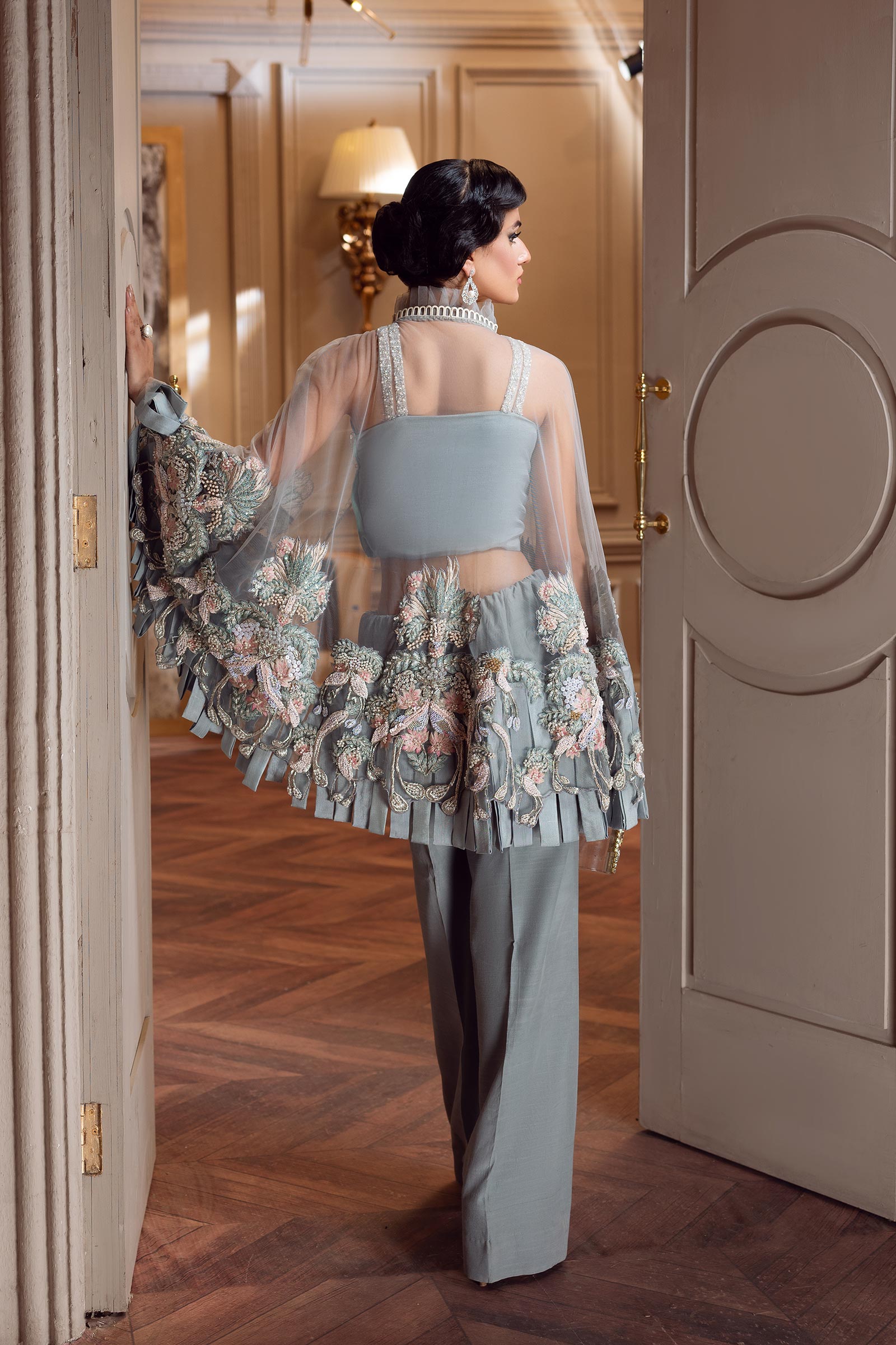 Pakistani Powder Blue Embroidered Net Cape Dress (3-Piece) - Image 5