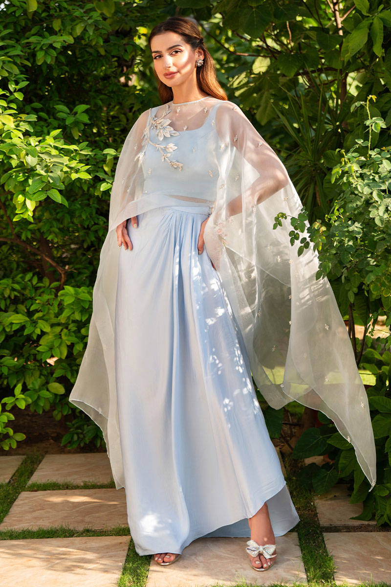 Ice Blue Embellished Organza Cape Dress (3-Piece) - Image 1