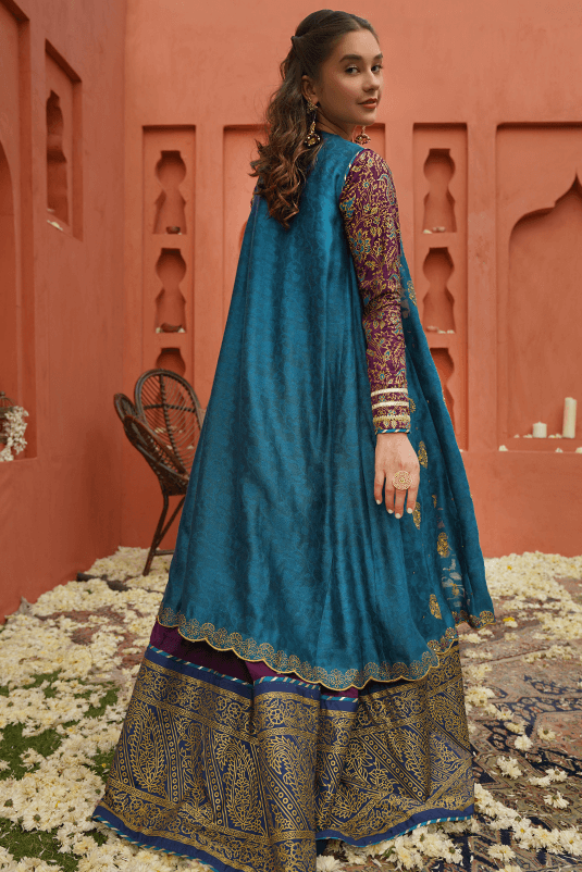 Peacock Blue Jacquard Cape with Purple Silk Gown (2-Piece) - Image 1